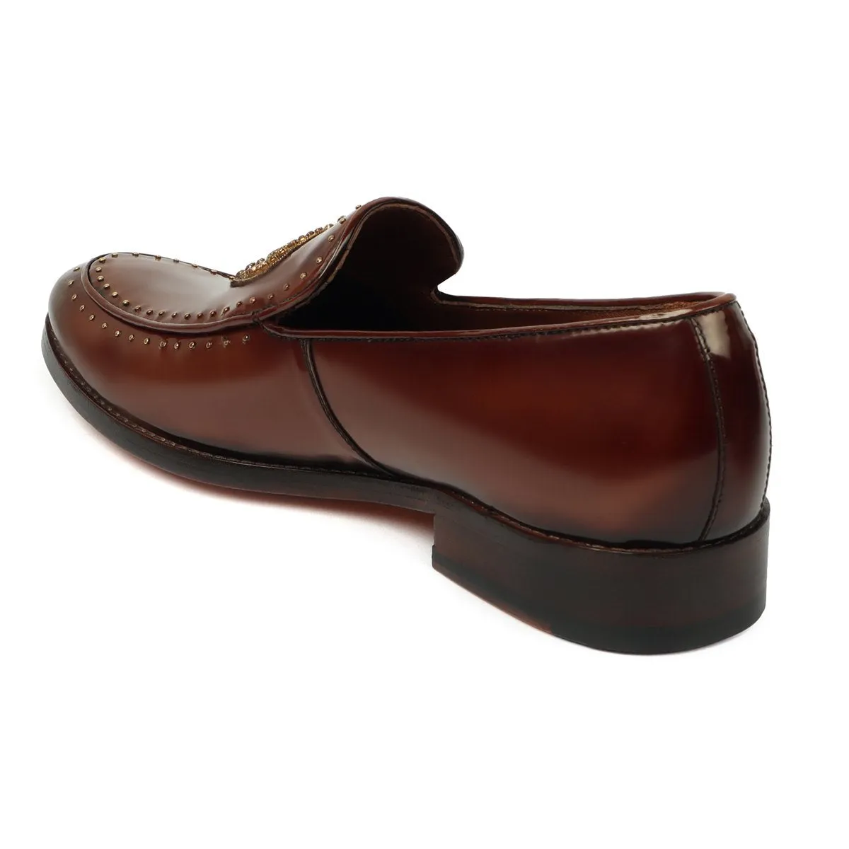 Brown Patent Leather Loafers with Studded Crown Zardosi