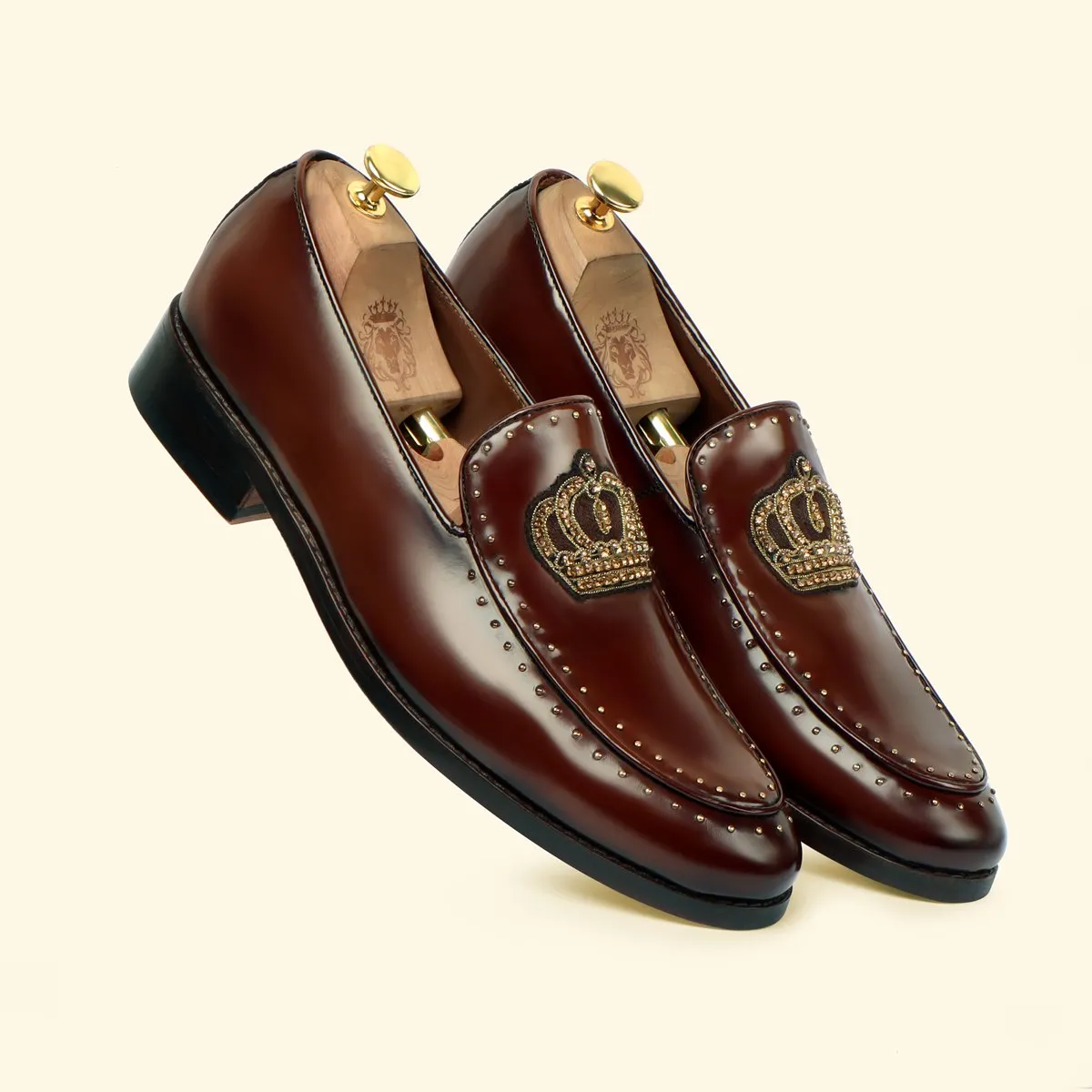 Brown Patent Leather Loafers with Studded Crown Zardosi