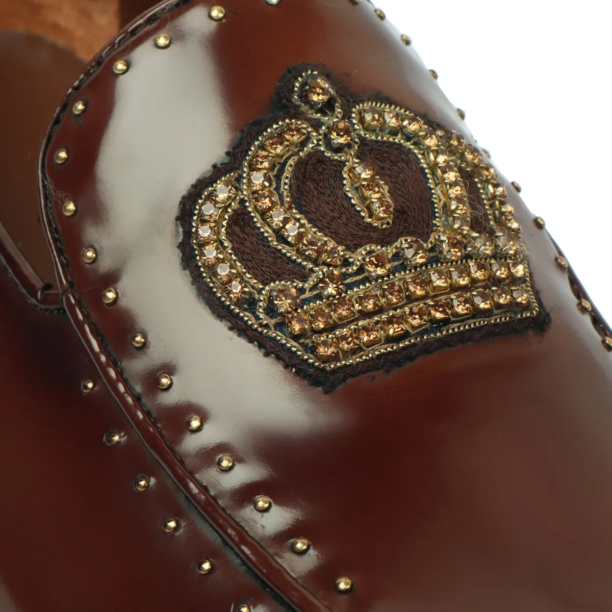 Brown Patent Leather Loafers with Studded Crown Zardosi