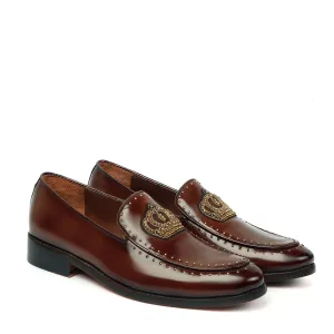 Brown Patent Leather Loafers with Studded Crown Zardosi