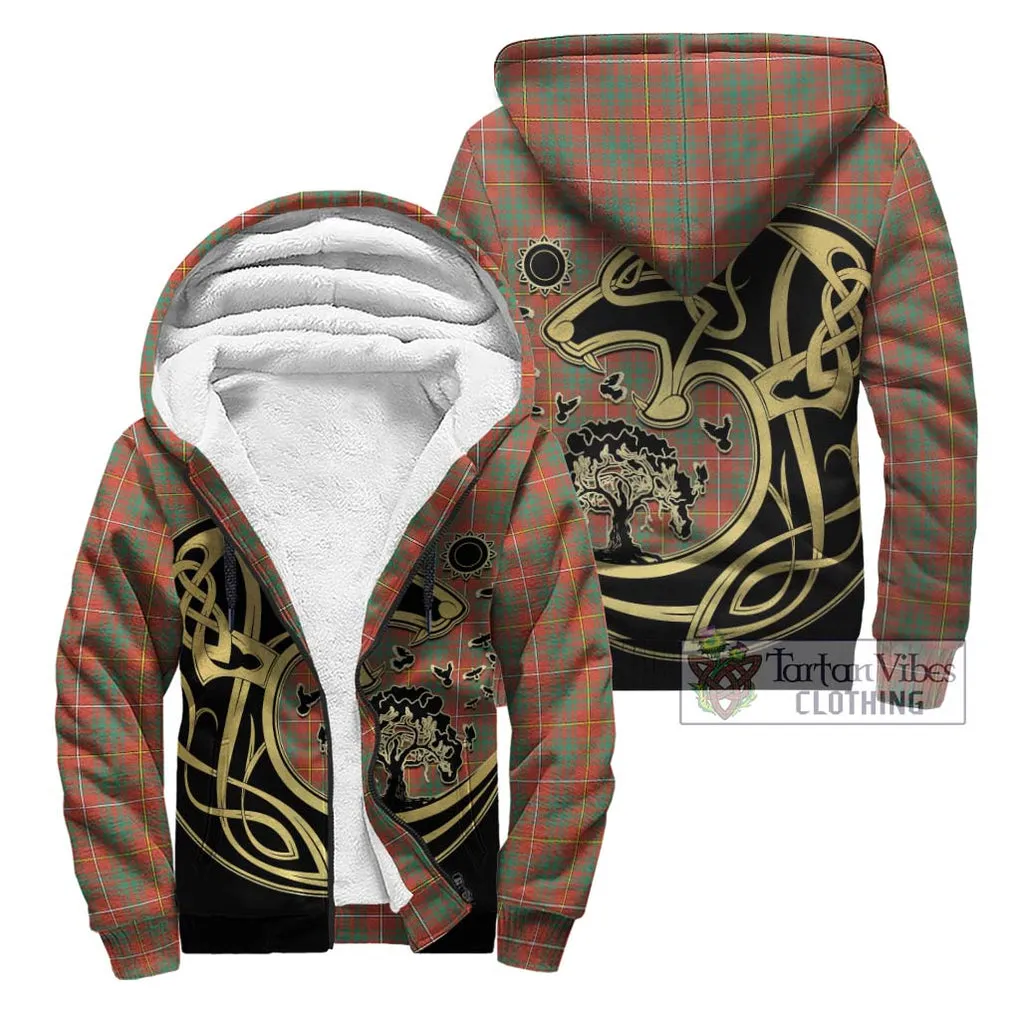 Bruce Ancient Tartan Sherpa Hoodie with Family Crest Celtic Wolf Style