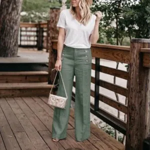 Button Detail Wide-Leg Pants