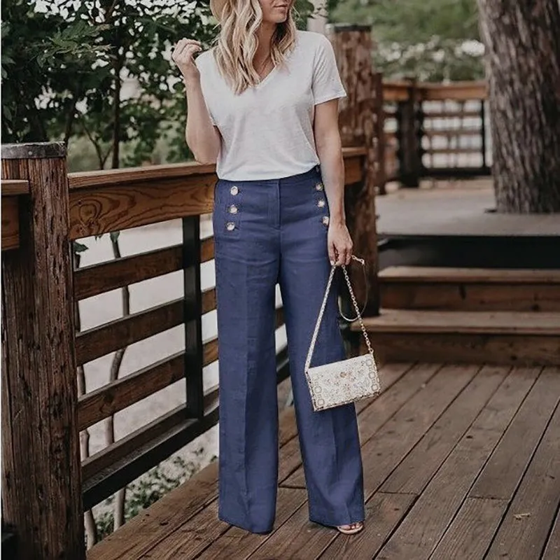 Button Detail Wide-Leg Pants