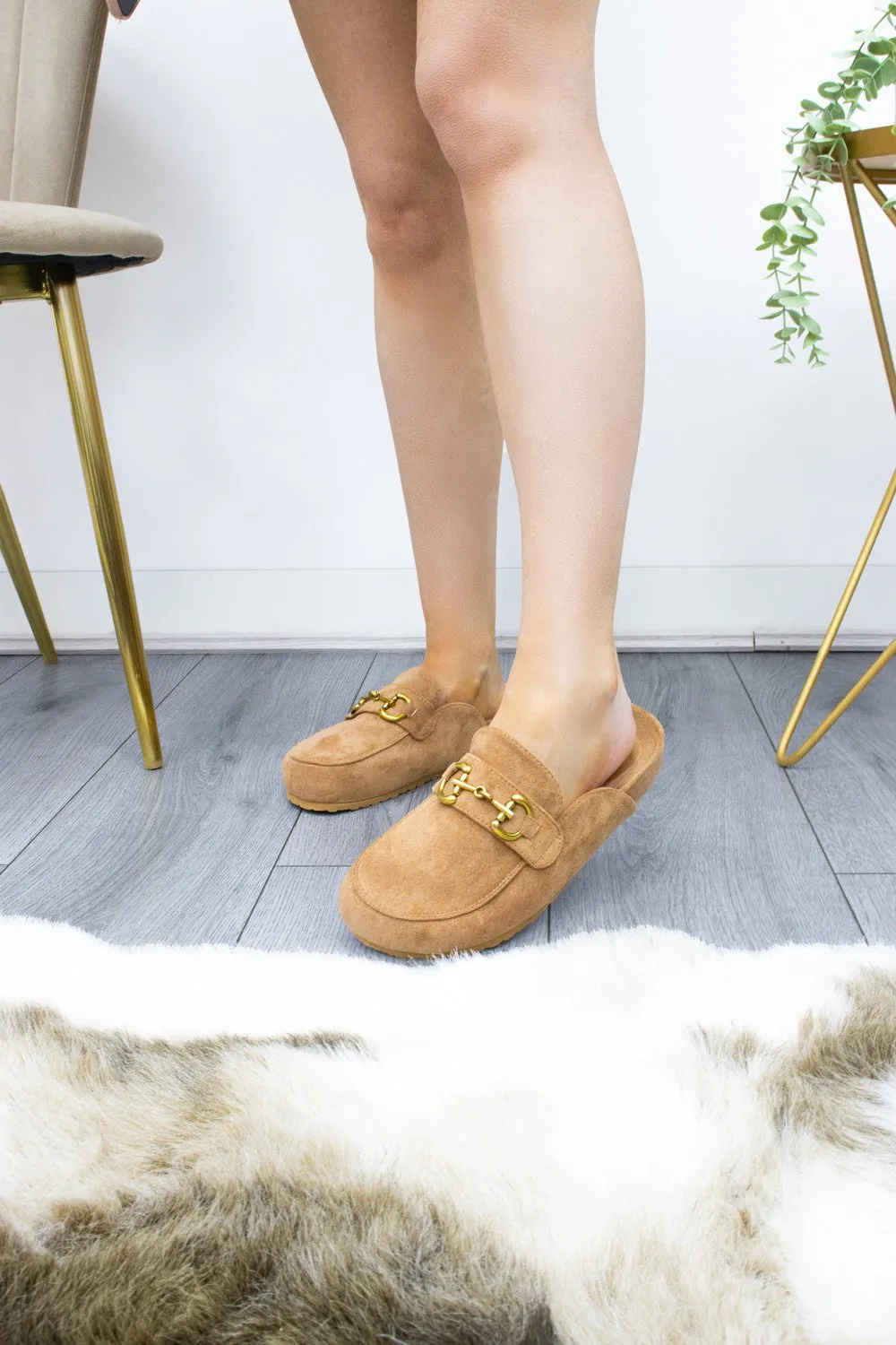 Camel Suedette Buckle Mule Flat Loafers Shoes