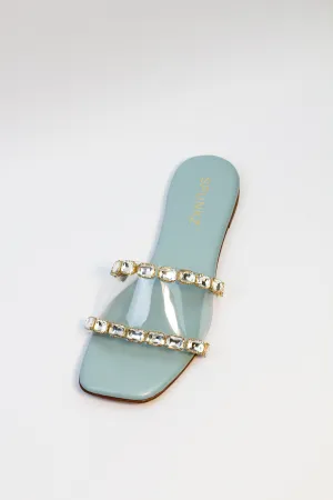 Chameli Blue Diamond Studded Embellished Flat Slides