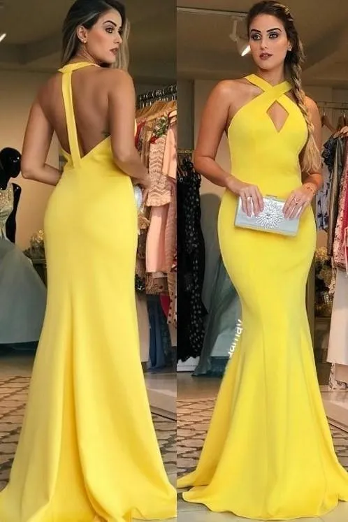 Crossed Haler Yellow Long Evening Gowns Mermaid Skirt