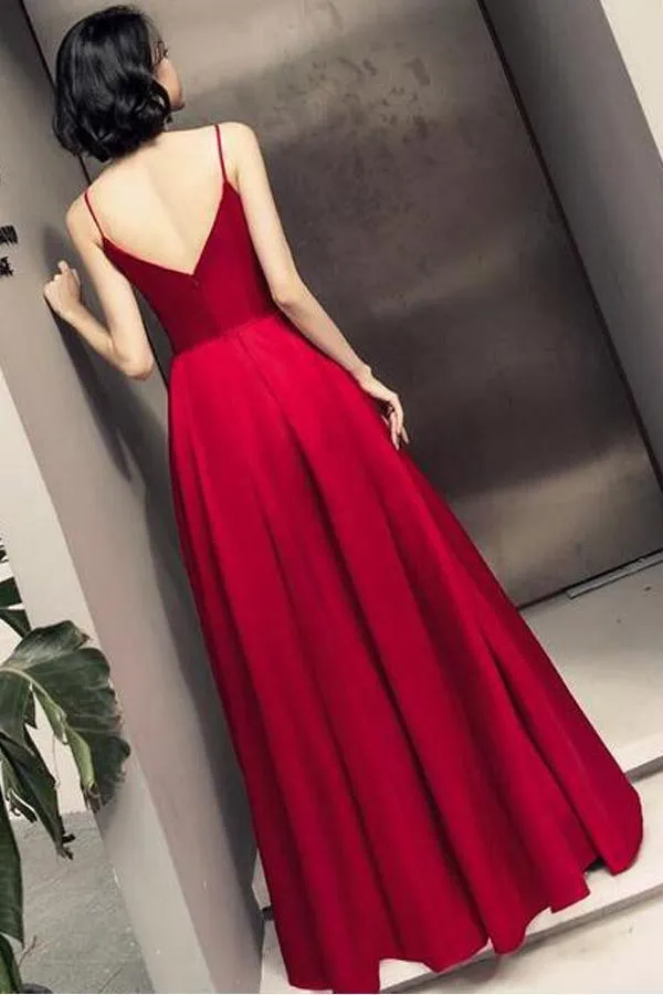 Dark Red Straps Beautiful Satin Simple Prom Dress Evening Dress PSK028