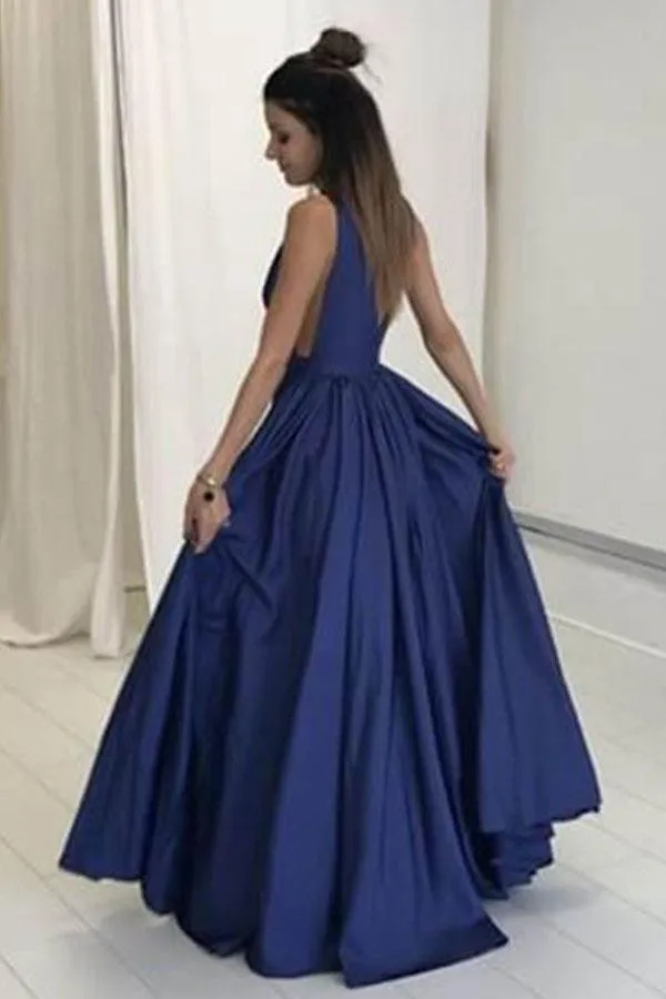 Deep V-Neck Floor-Length Royal Blue Taffeta Prom Dress with Pockets PG465