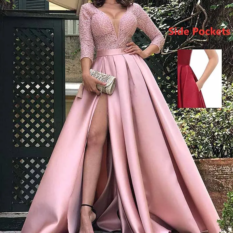 Deep V Neck Satin Prom Dresses 3/4 Sleeves Lace Slit Ball Gown with Pockets