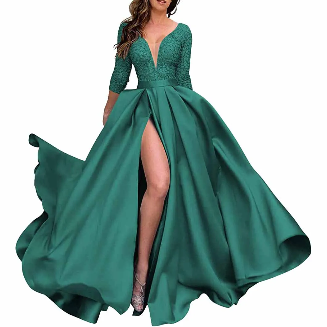 Deep V Neck Satin Prom Dresses 3/4 Sleeves Lace Slit Ball Gown with Pockets