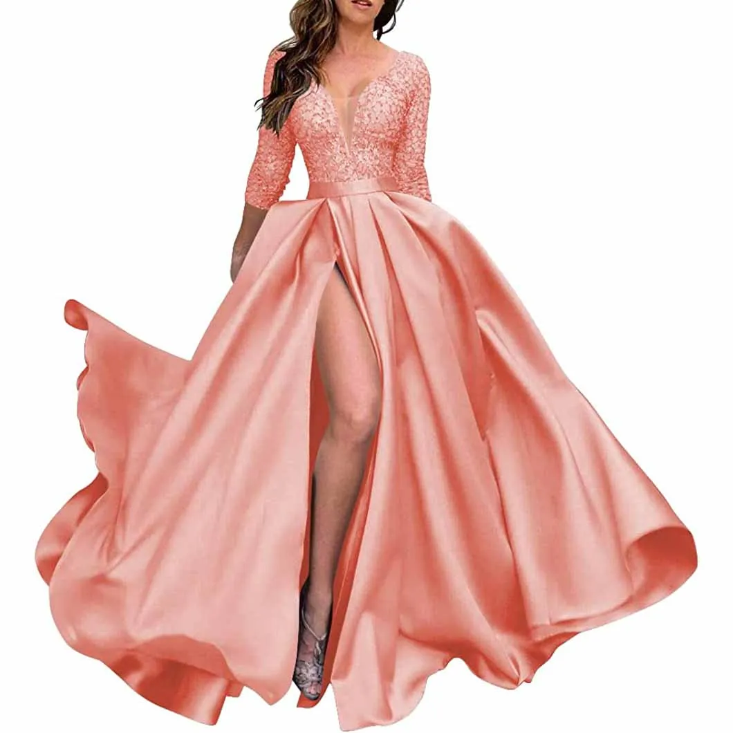 Deep V Neck Satin Prom Dresses 3/4 Sleeves Lace Slit Ball Gown with Pockets