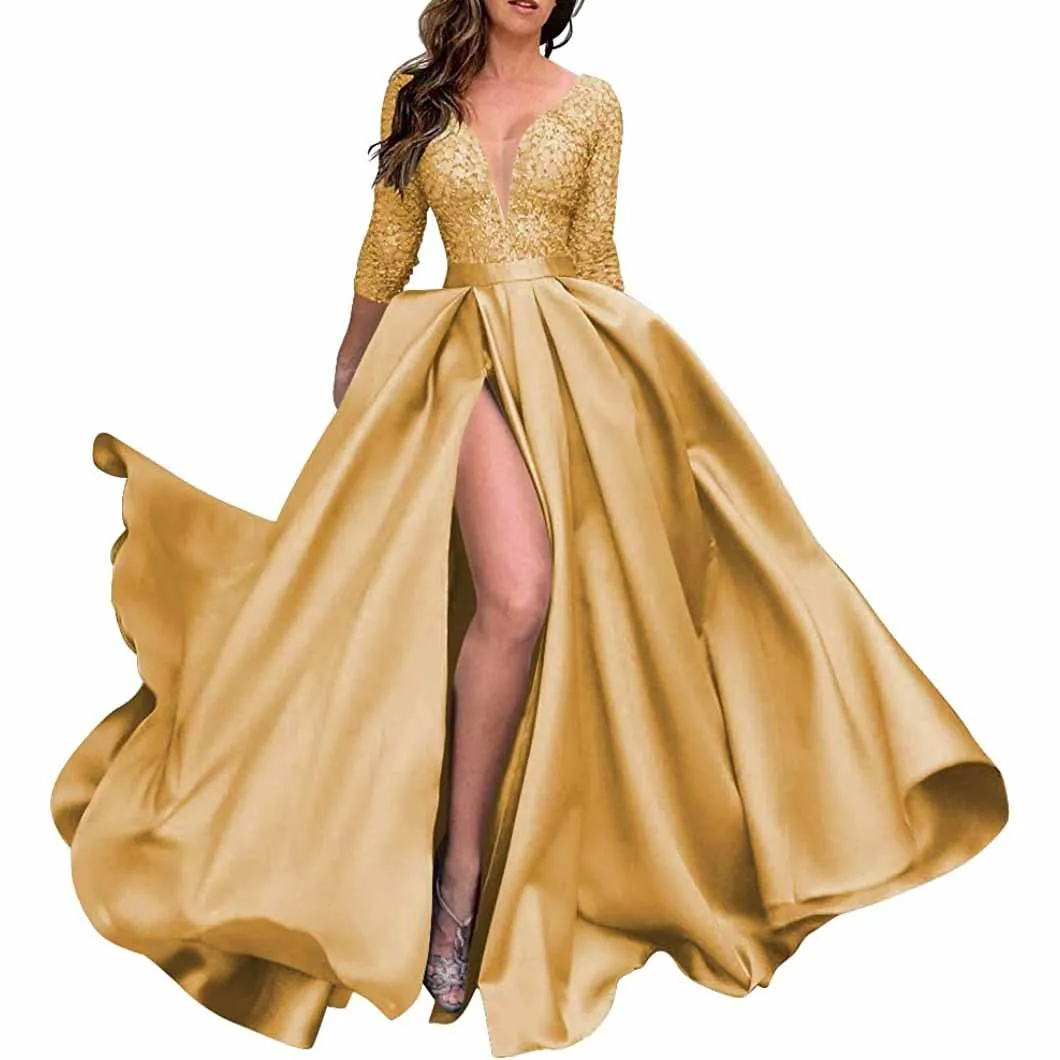 Deep V Neck Satin Prom Dresses 3/4 Sleeves Lace Slit Ball Gown with Pockets