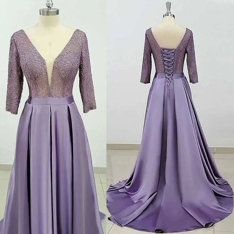 Deep V Neck Satin Prom Dresses 3/4 Sleeves Lace Slit Ball Gown with Pockets