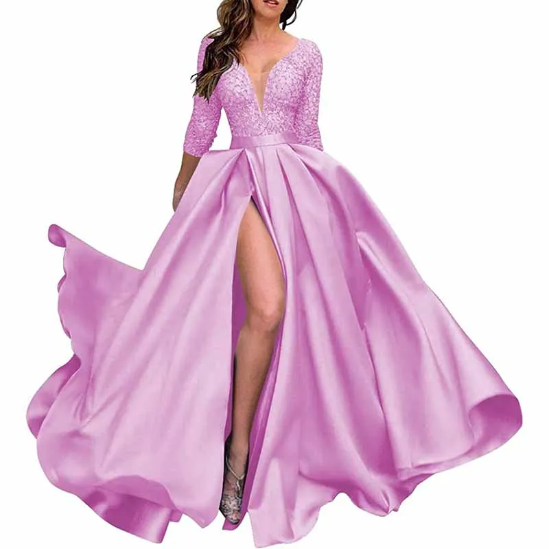 Deep V Neck Satin Prom Dresses 3/4 Sleeves Lace Slit Ball Gown with Pockets