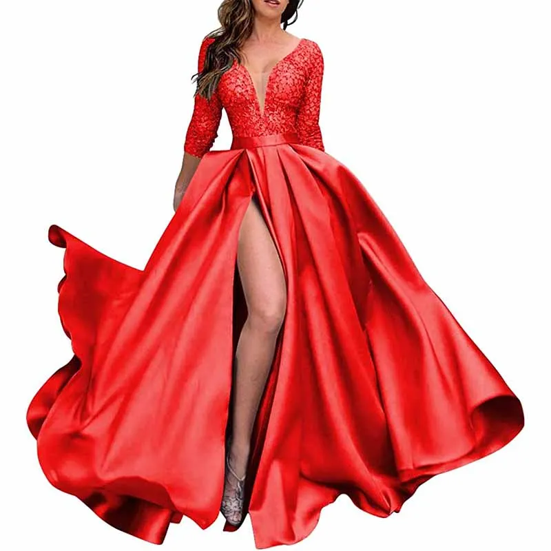 Deep V Neck Satin Prom Dresses 3/4 Sleeves Lace Slit Ball Gown with Pockets