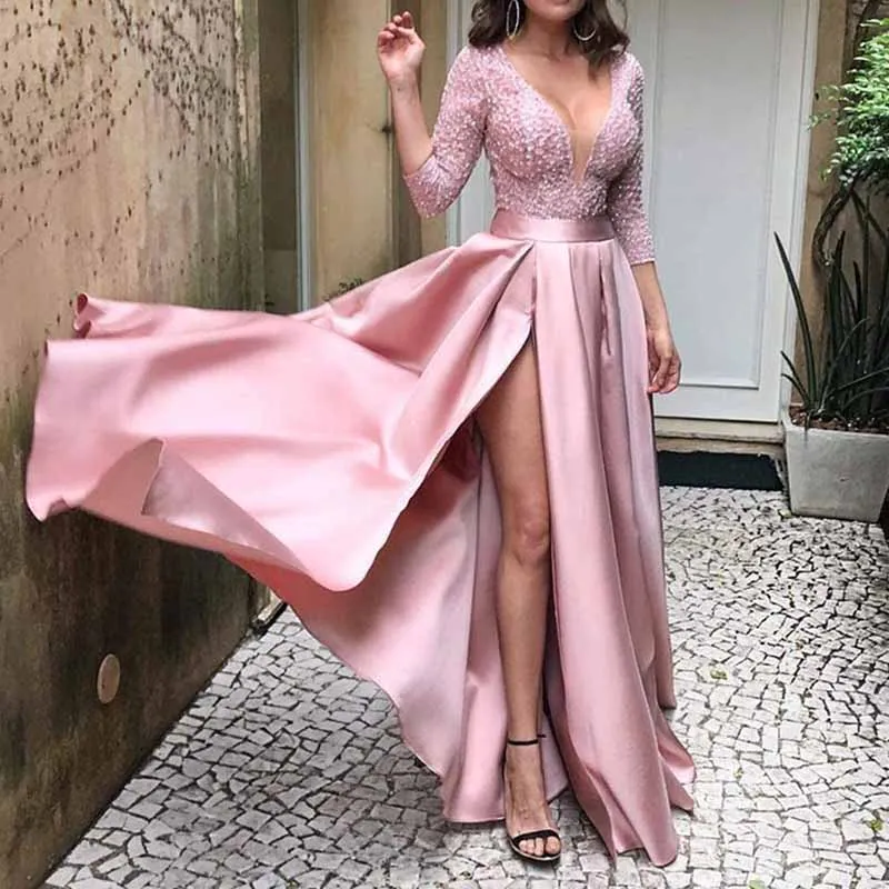 Deep V Neck Satin Prom Dresses 3/4 Sleeves Lace Slit Ball Gown with Pockets