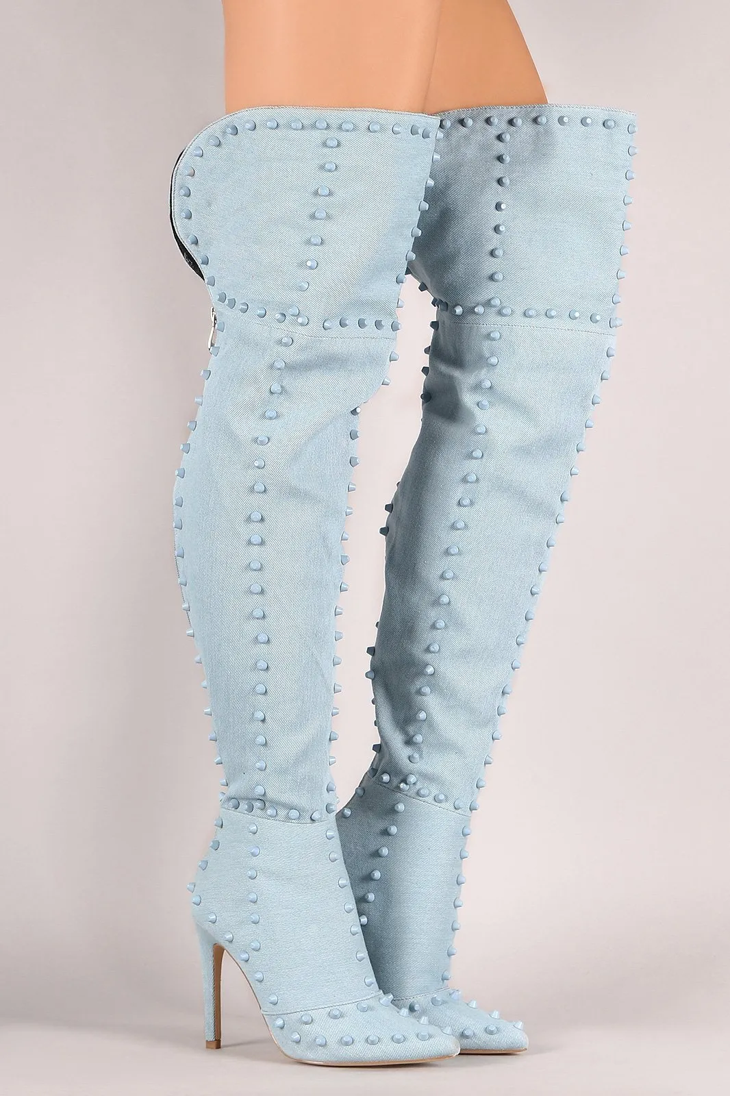 Denim Studded Pointy Toe Stiletto Over-The-Knee Boots