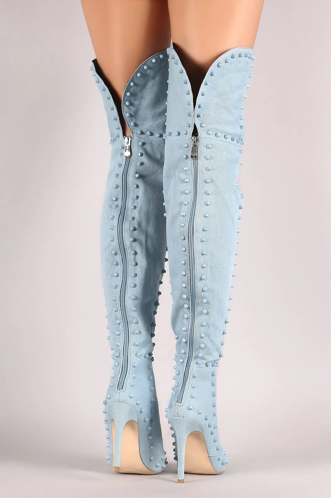 Denim Studded Pointy Toe Stiletto Over-The-Knee Boots