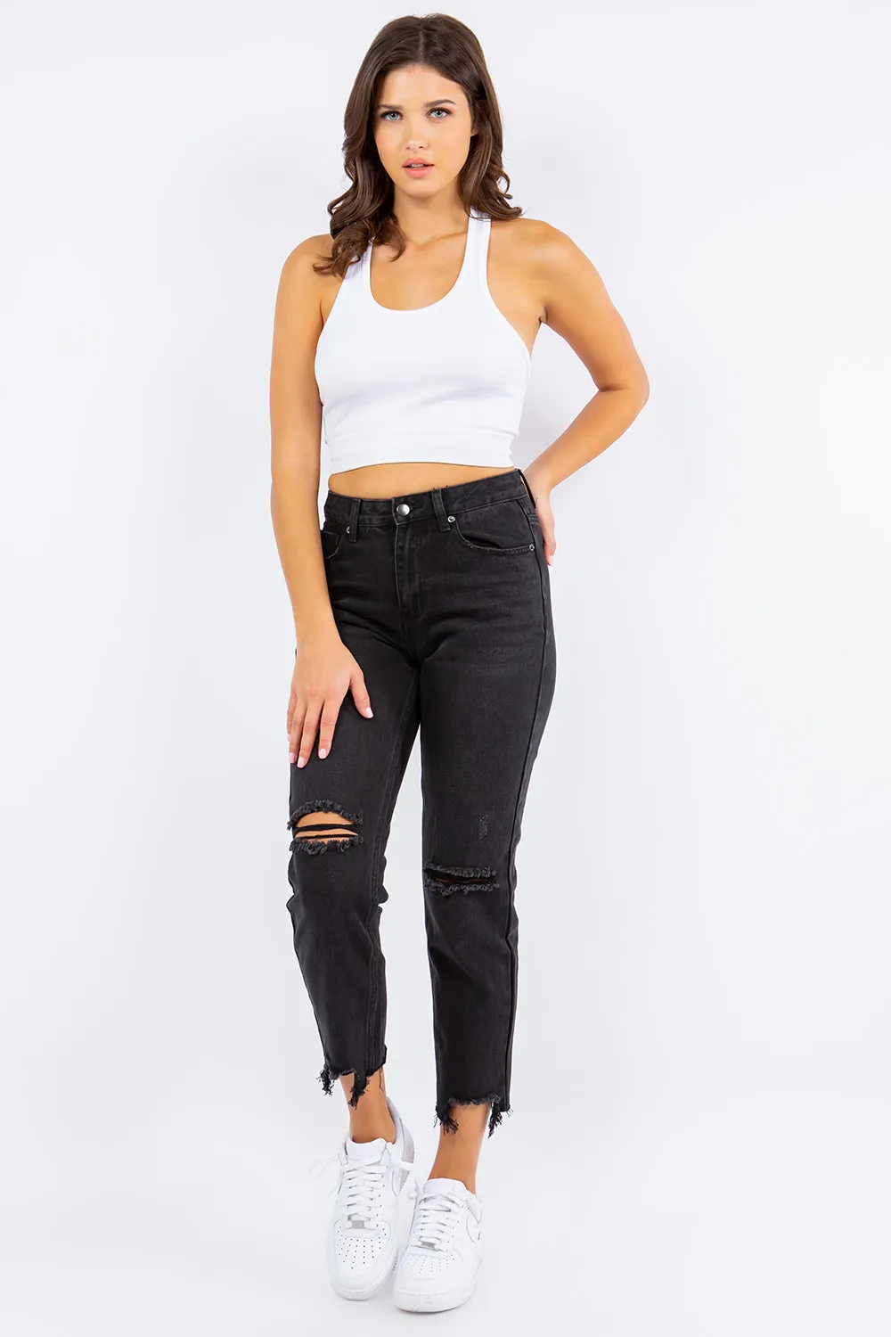 Distressed Cropped Straight High Waist Jeans