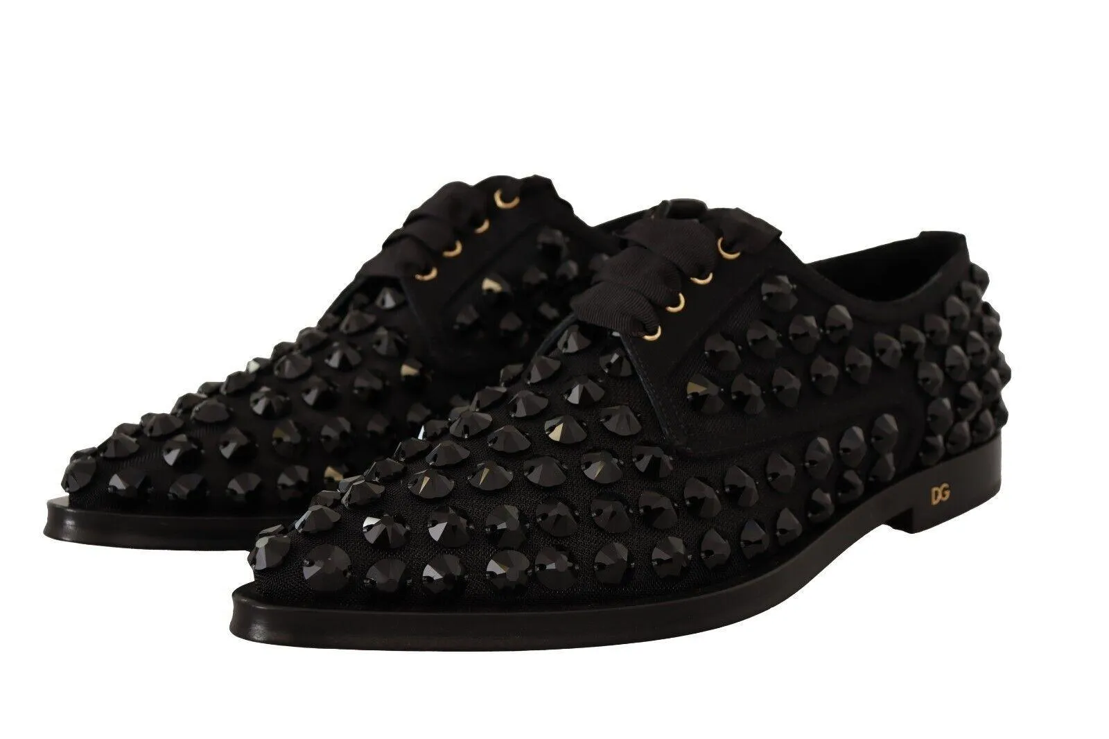 Dolce & Gabbana Black Lace Up Studded Formal Flats Shoes