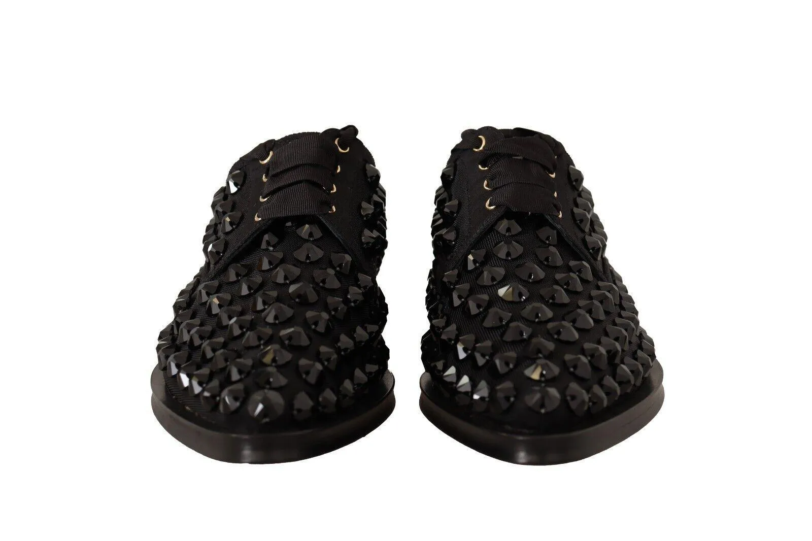 Dolce & Gabbana Black Lace Up Studded Formal Flats Shoes