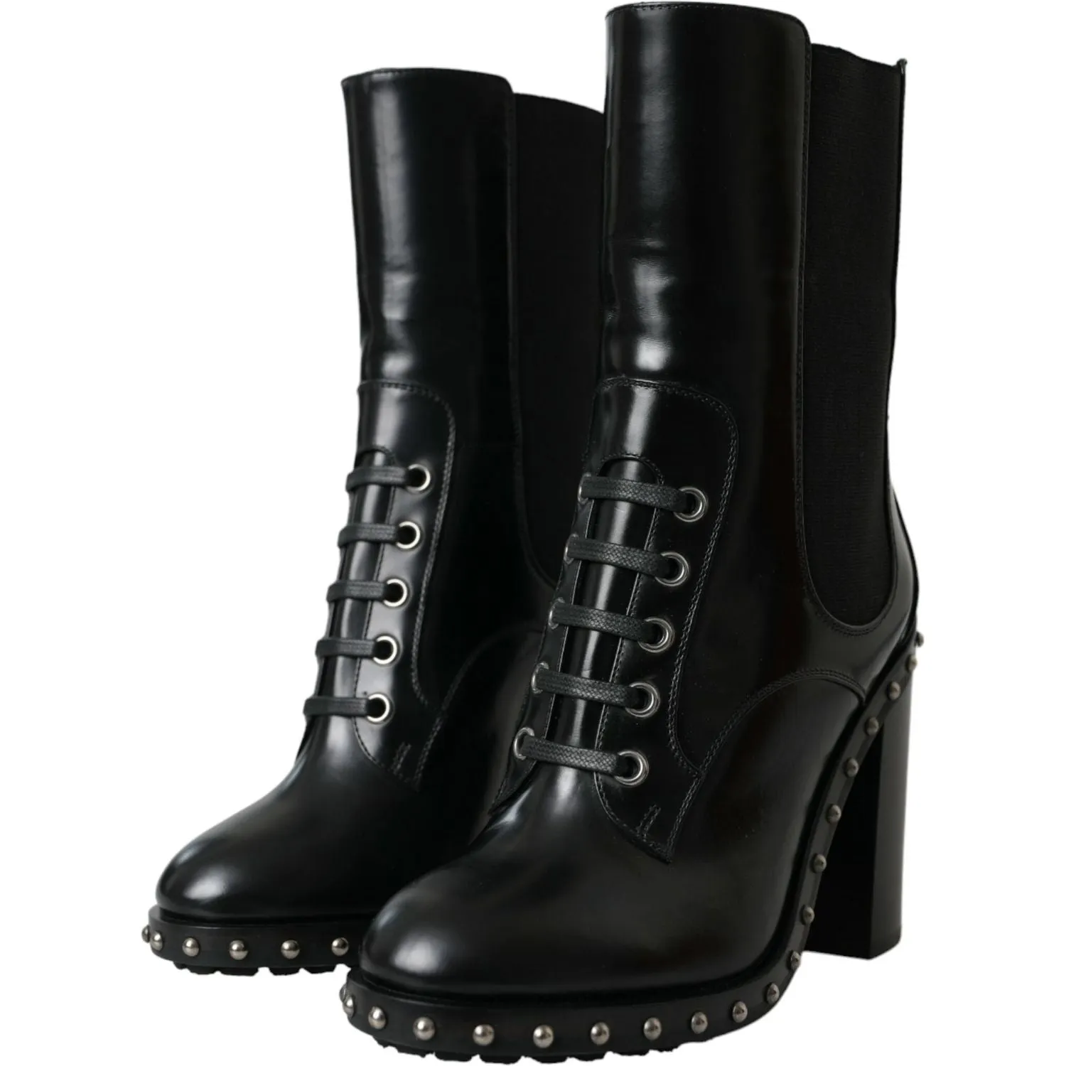 Dolce & Gabbana Black Leather Studded Lace Up Boots Shoes