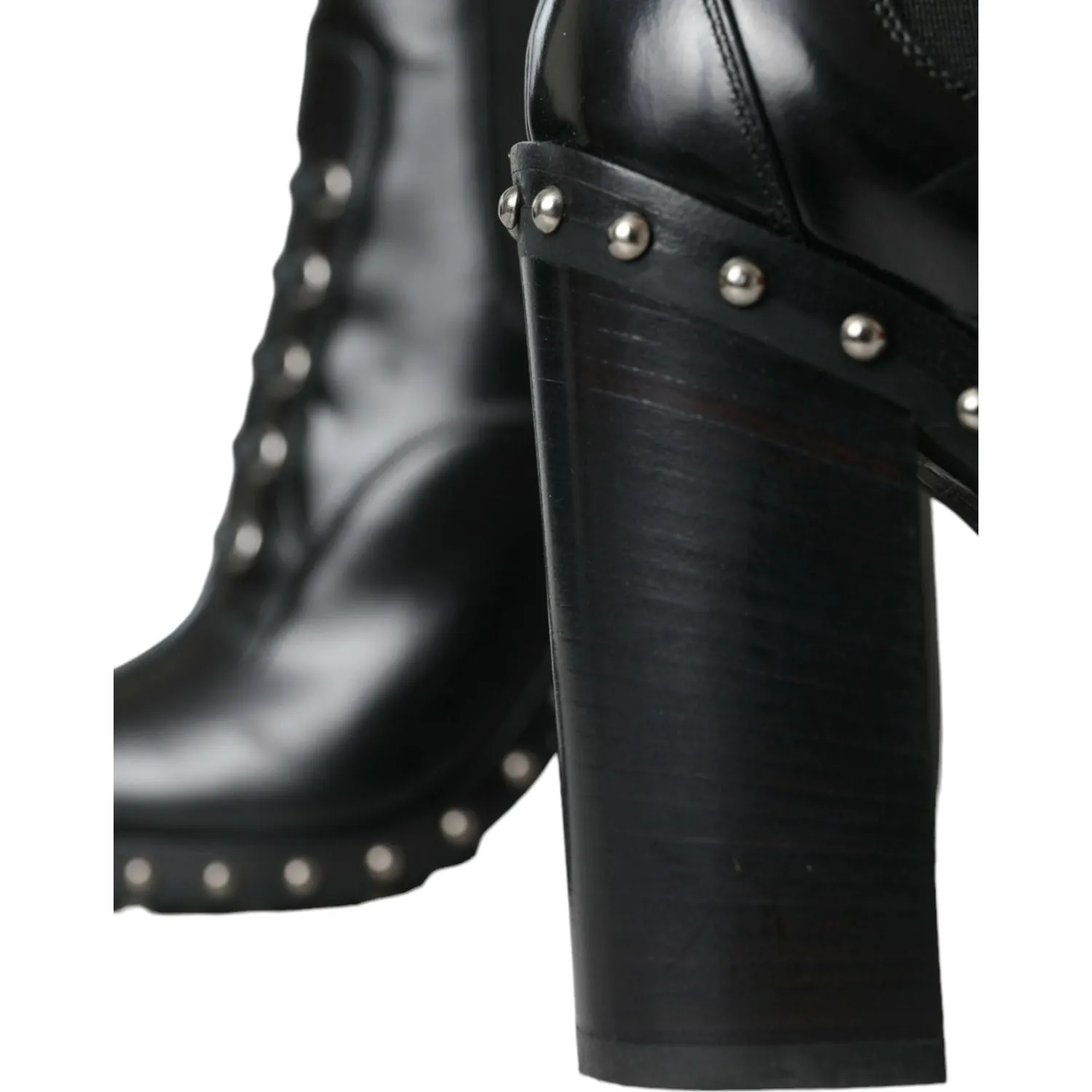 Dolce & Gabbana Black Leather Studded Lace Up Boots Shoes