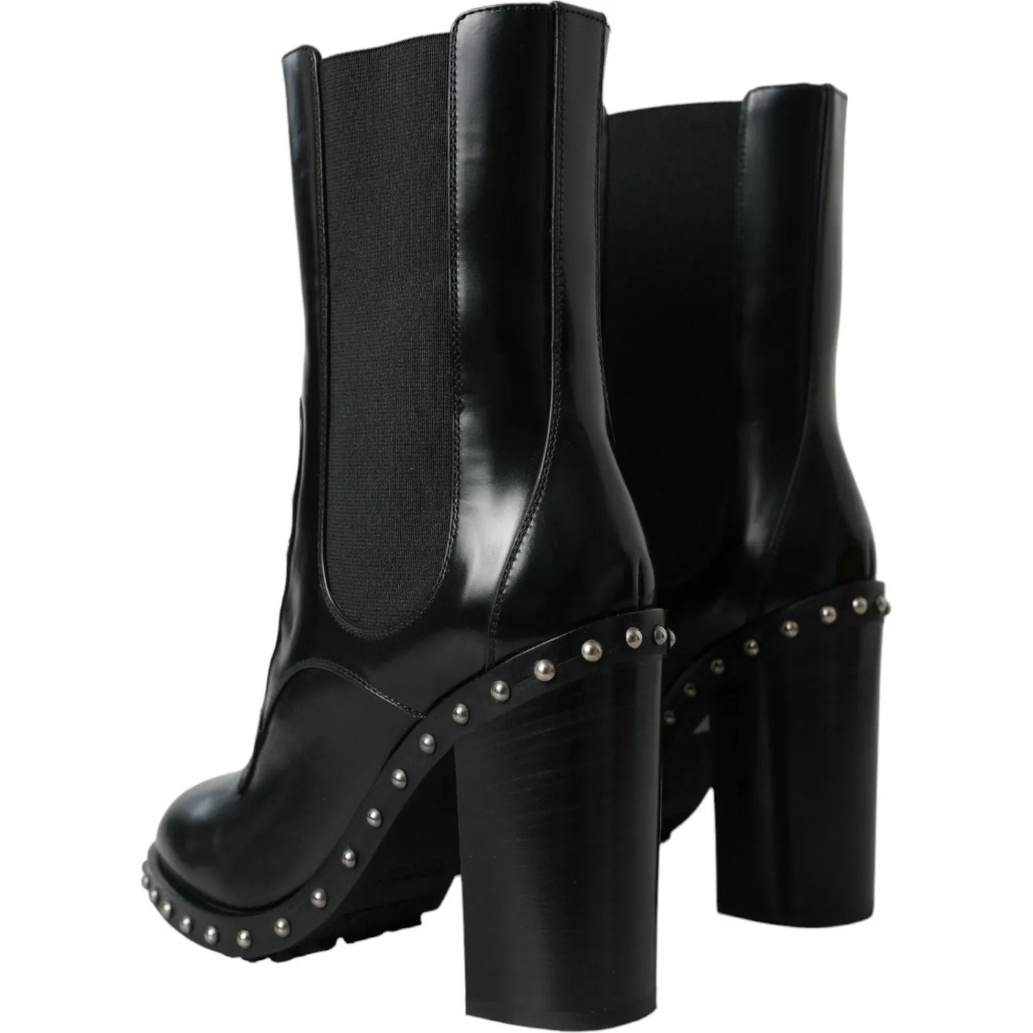 Dolce & Gabbana Black Leather Studded Lace Up Boots Shoes