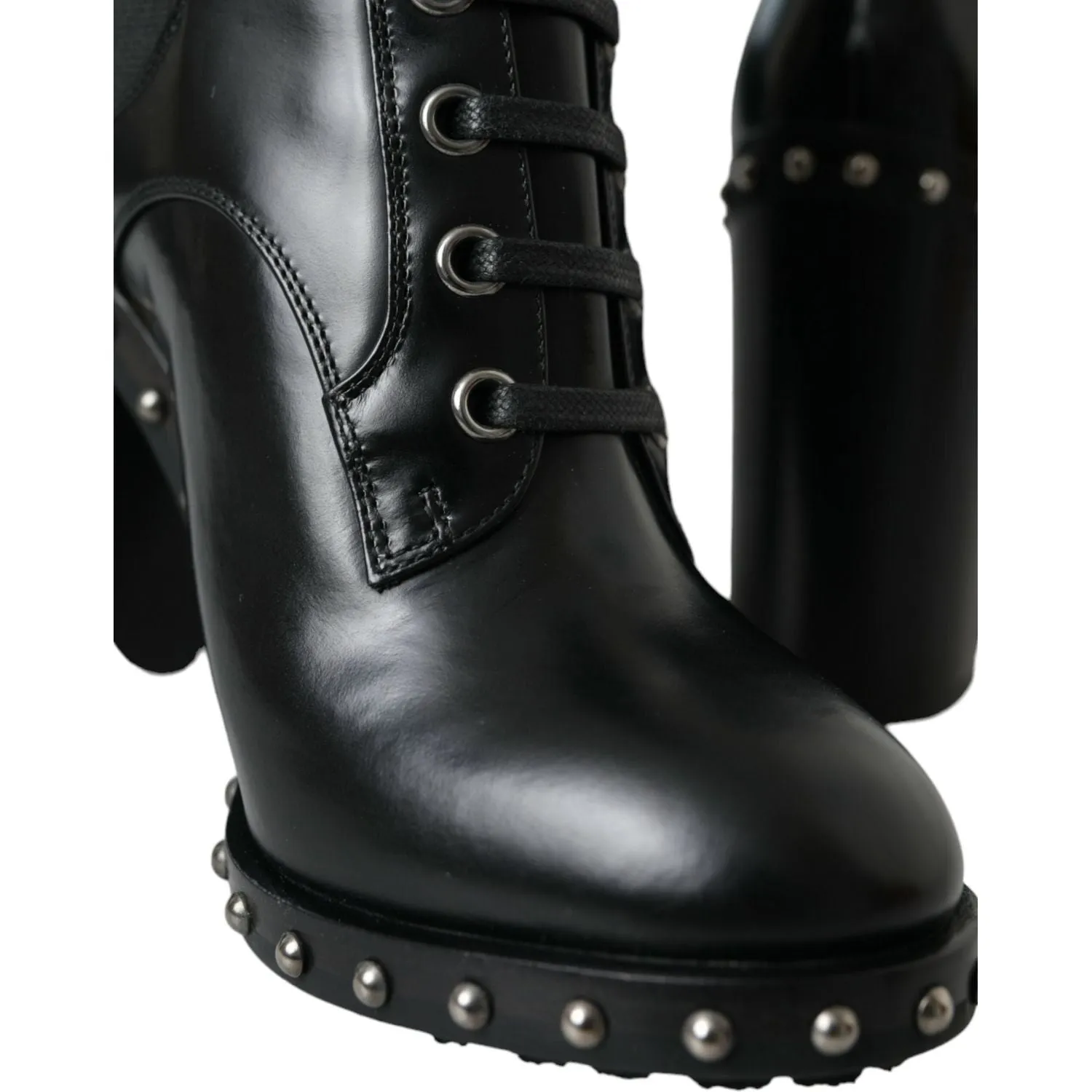 Dolce & Gabbana Black Leather Studded Lace Up Boots Shoes