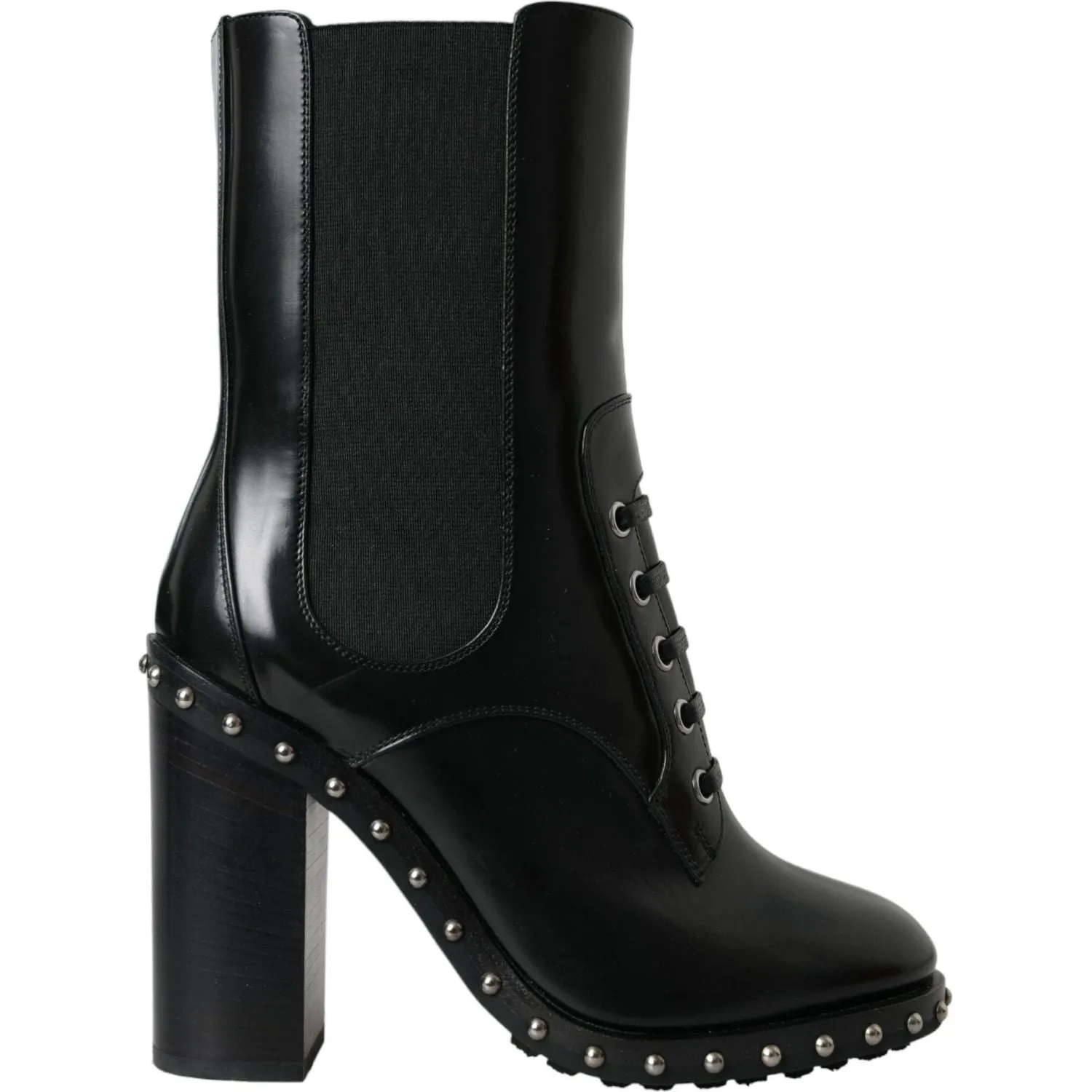 Dolce & Gabbana Black Leather Studded Lace Up Boots Shoes