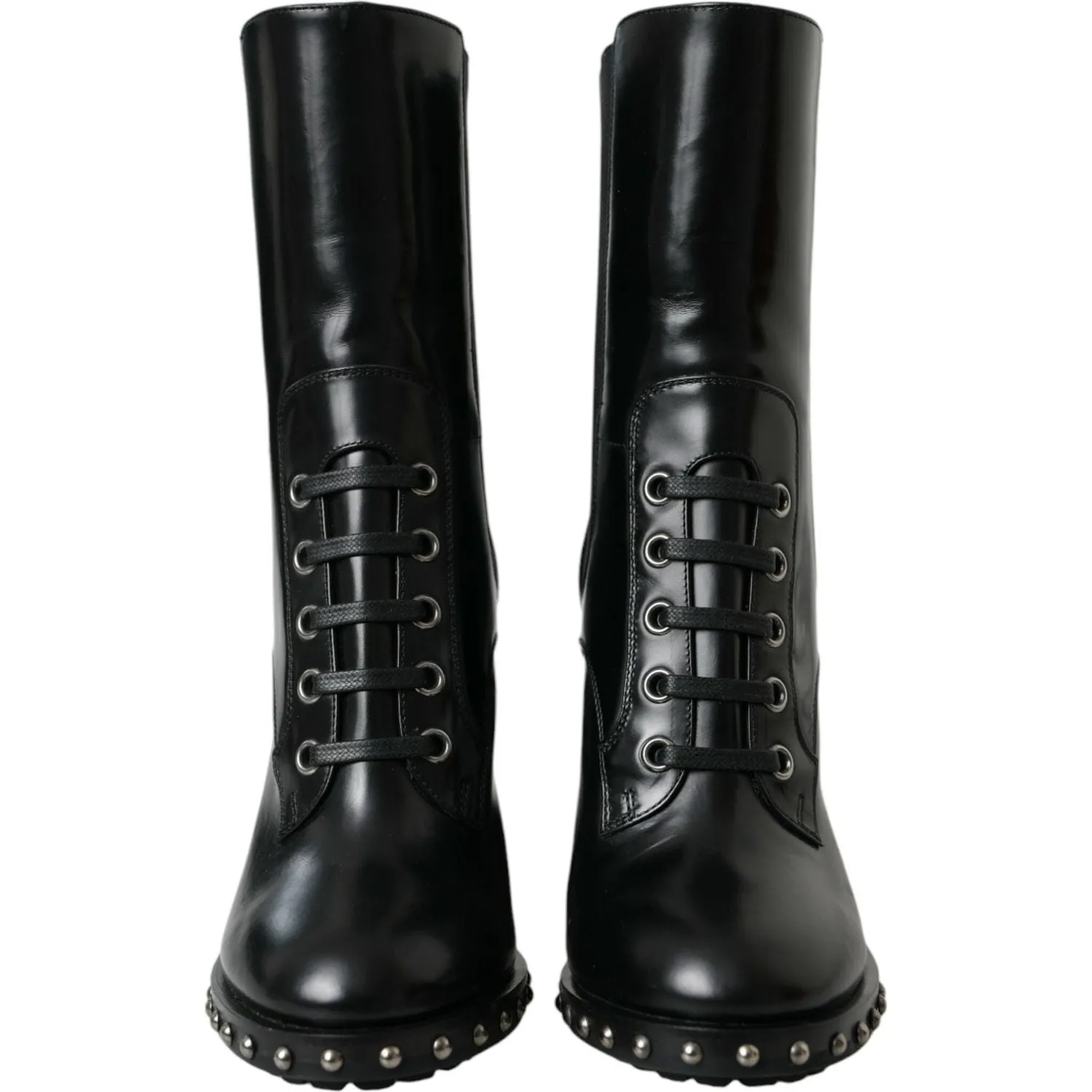 Dolce & Gabbana Black Leather Studded Lace Up Boots Shoes