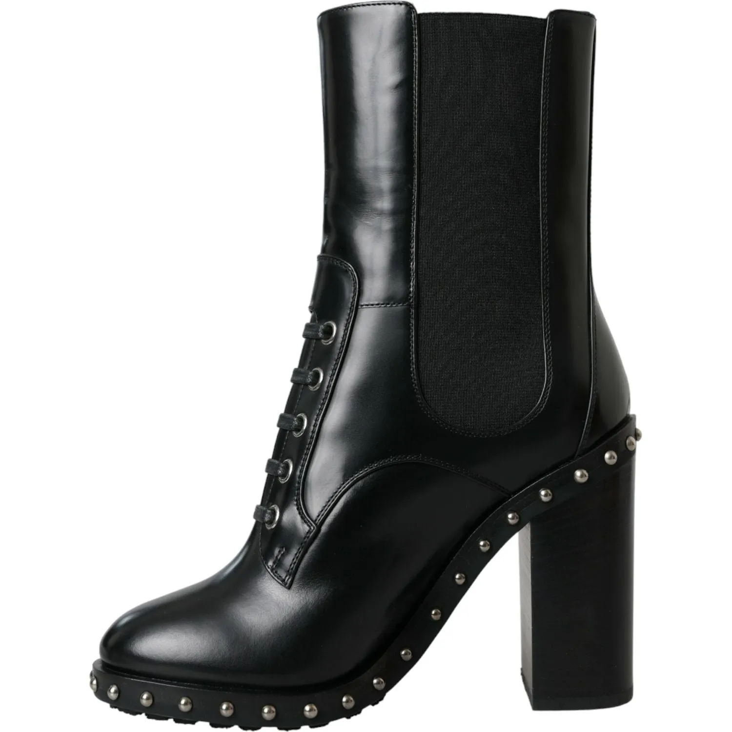 Dolce & Gabbana Black Leather Studded Lace Up Boots Shoes