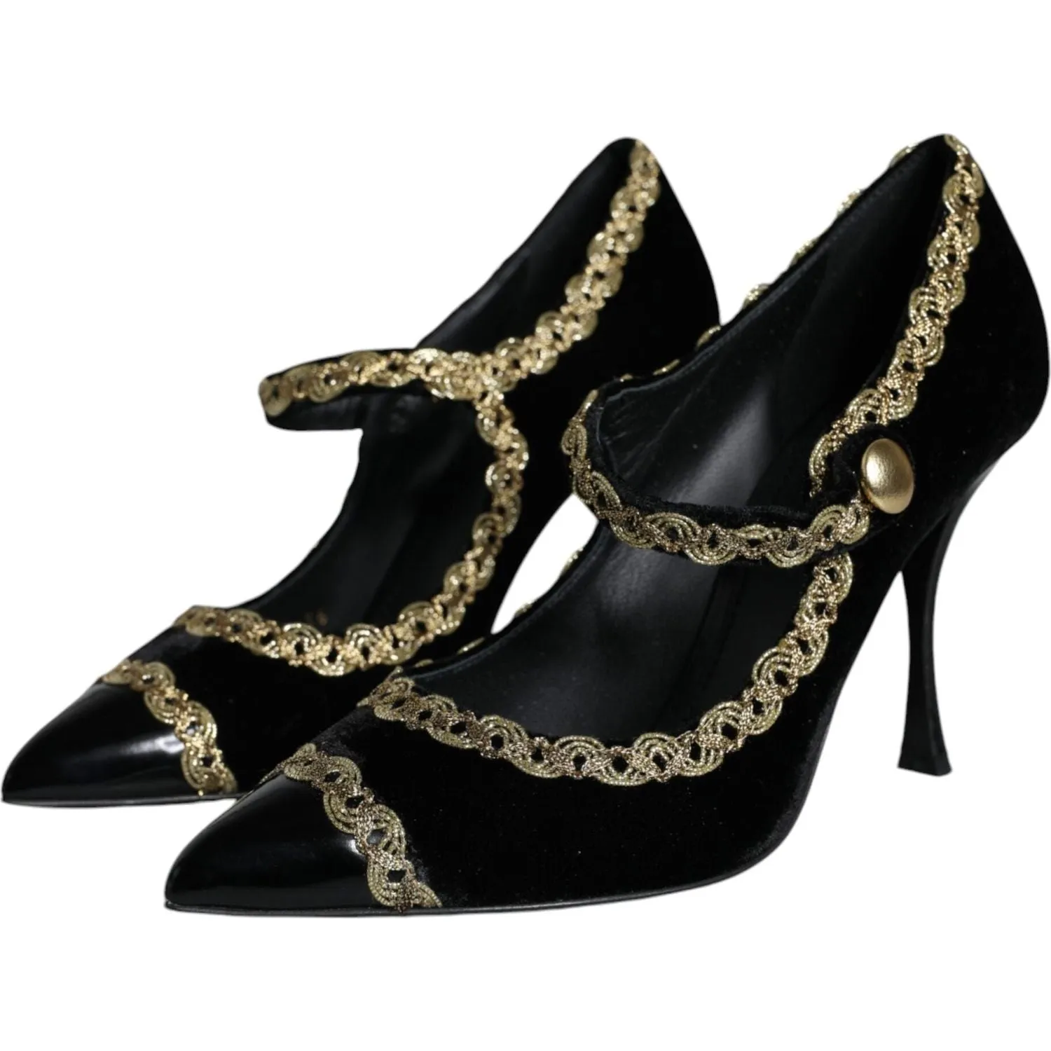 Dolce & Gabbana Black Mary Janes Velvet Gold Pumps Shoes