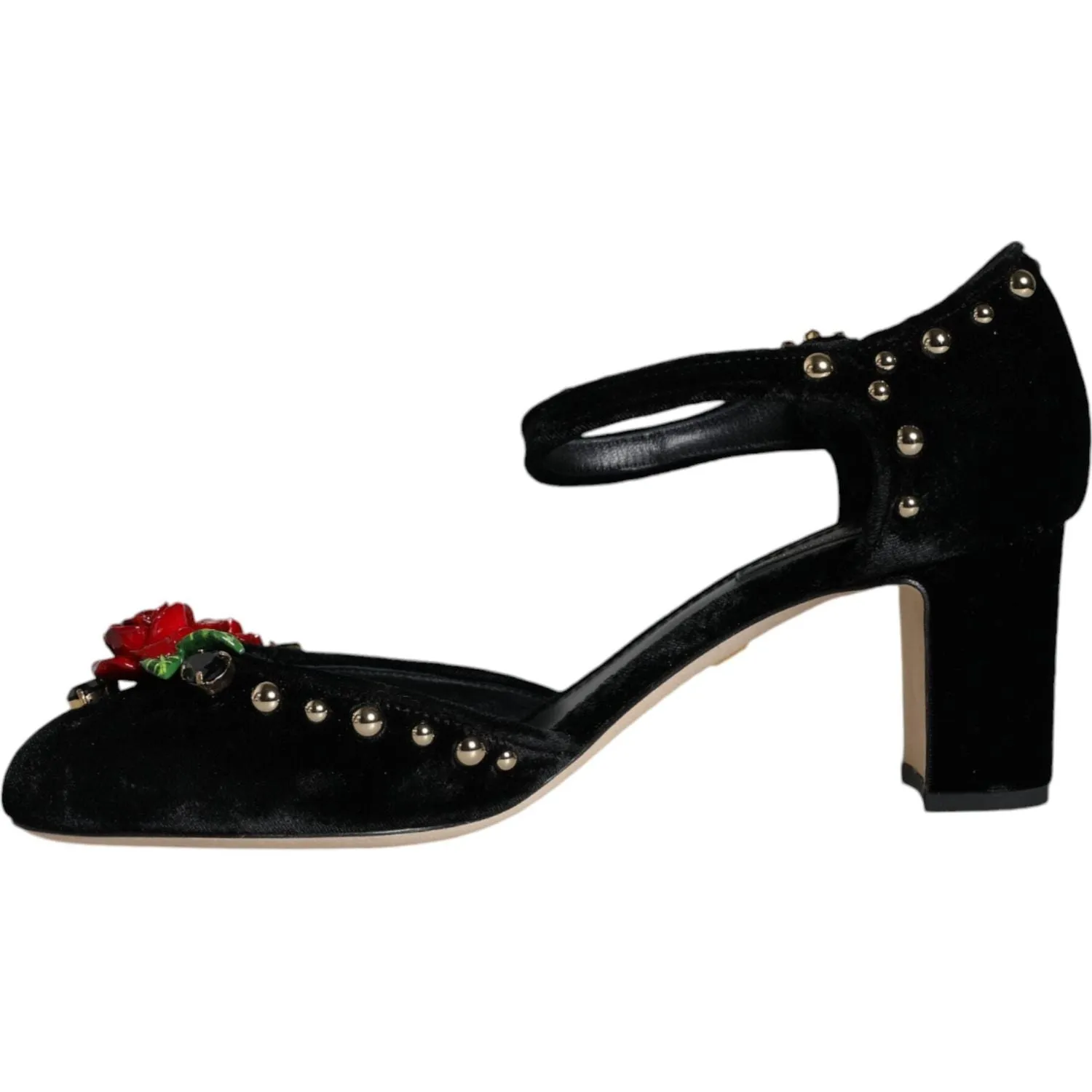 Dolce & Gabbana Black Velvet Roses Ankle Strap Pumps Shoes