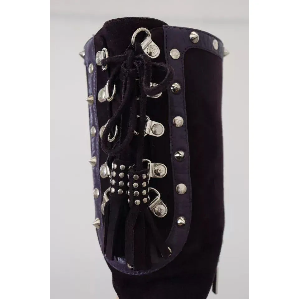 Dolce & Gabbana Purple Suede Leather Studded High Boots Shoes