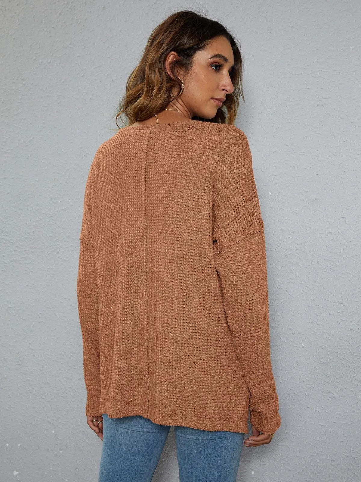 Dropped Shoulder High-Low Waffle-Knit Top