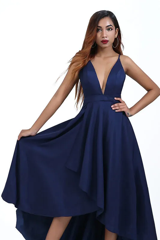 Elegant V Neck Sleeveless High Low Navy Blue  Prom Dress UQP0031