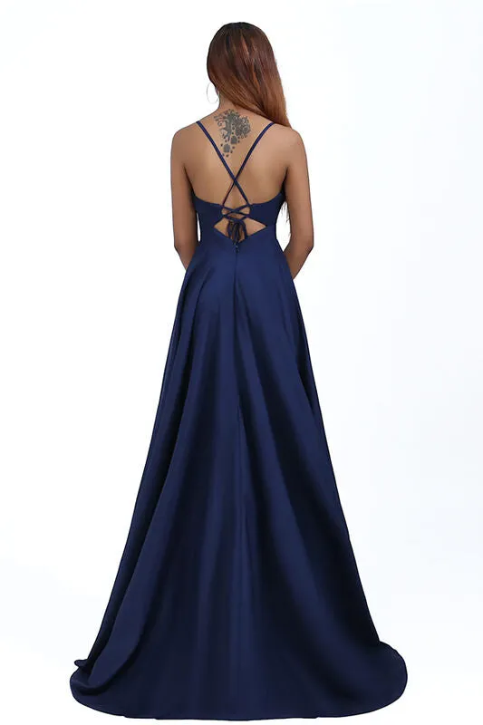 Elegant V Neck Sleeveless High Low Navy Blue  Prom Dress UQP0031