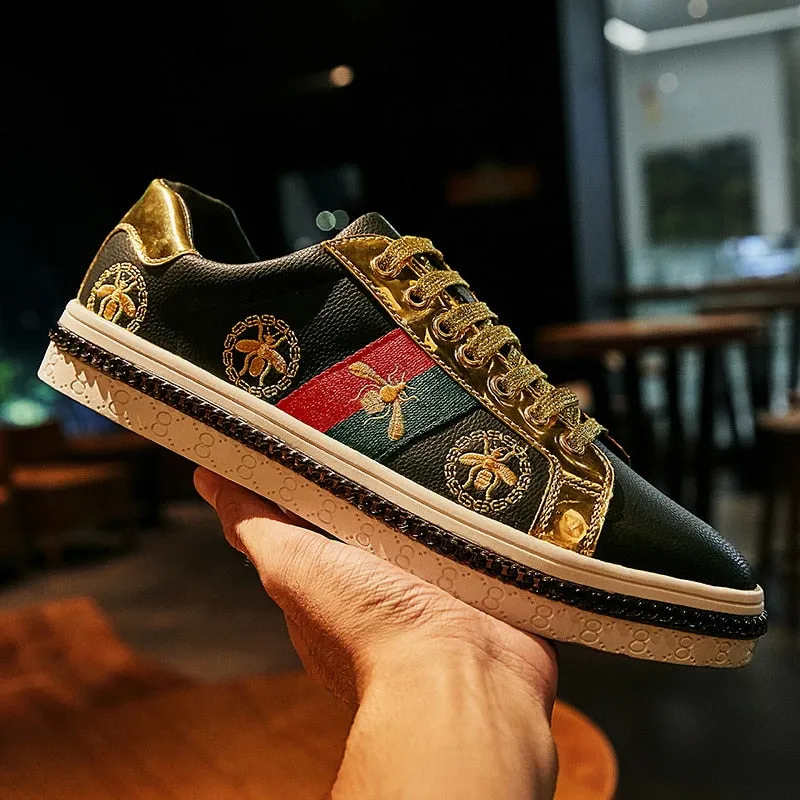 Embroidered Low-Top Leather Sneakers