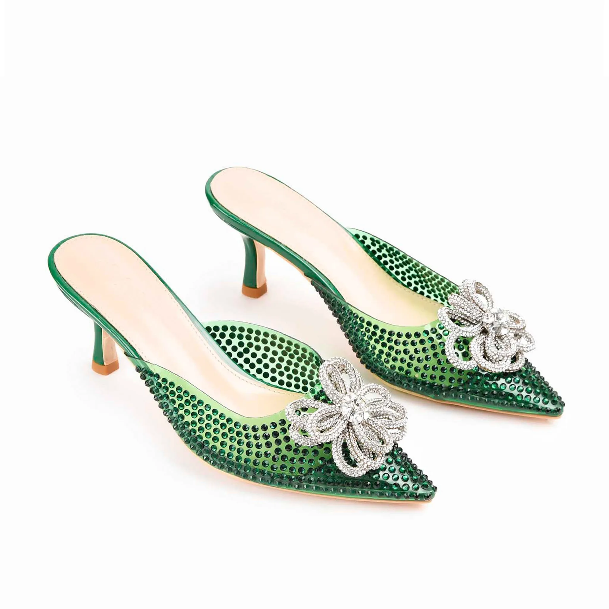 Emerald Green Studded Mules with Crystal Bow | 495L-K