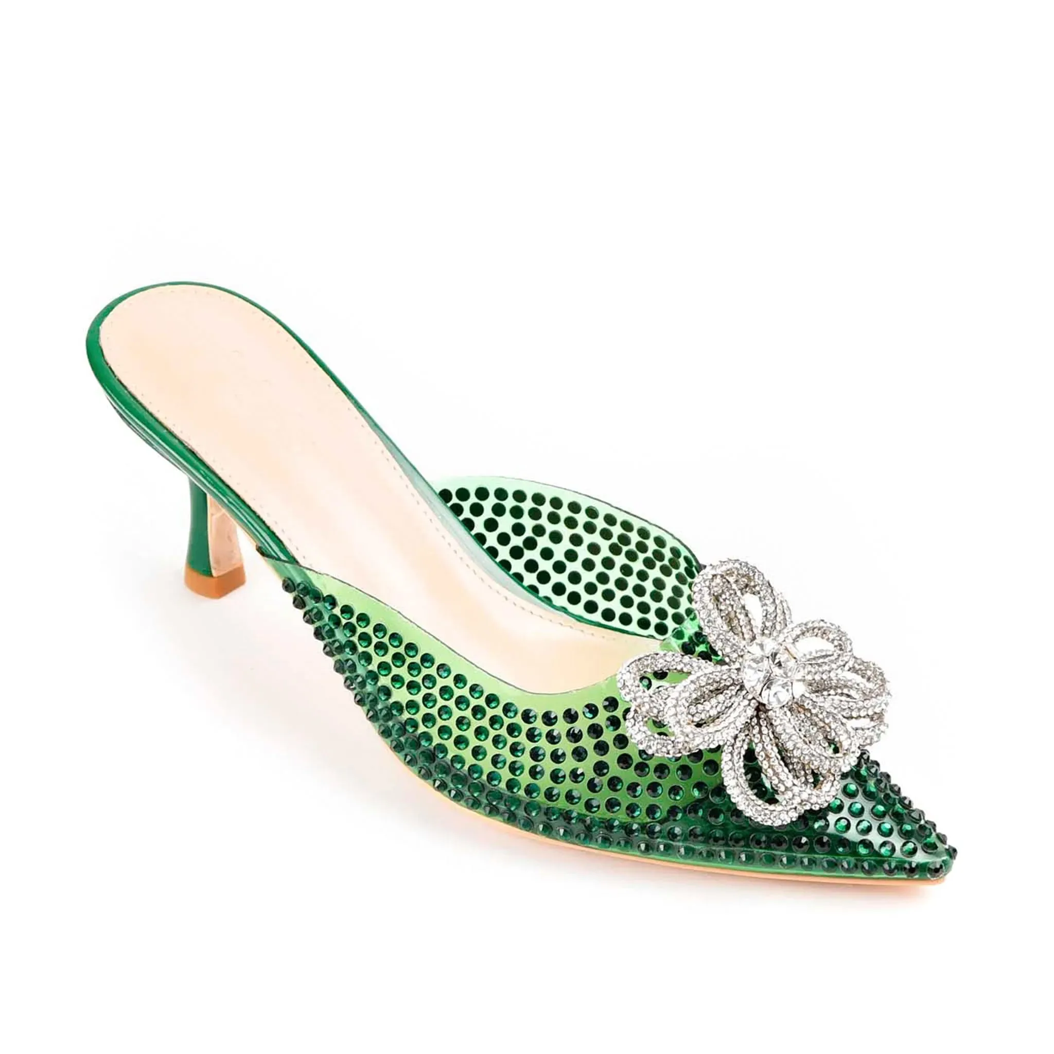 Emerald Green Studded Mules with Crystal Bow | 495L-K