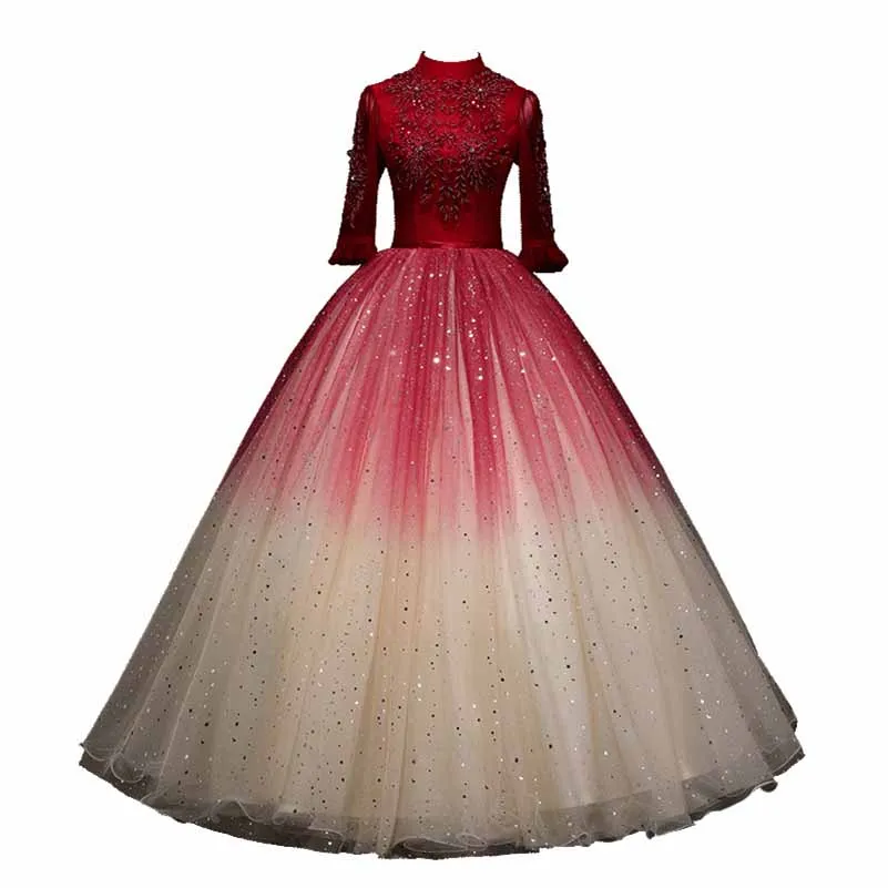 Fall/Winter Wedding Prom Red Gradient Long-sleeve Ball Gown Dress