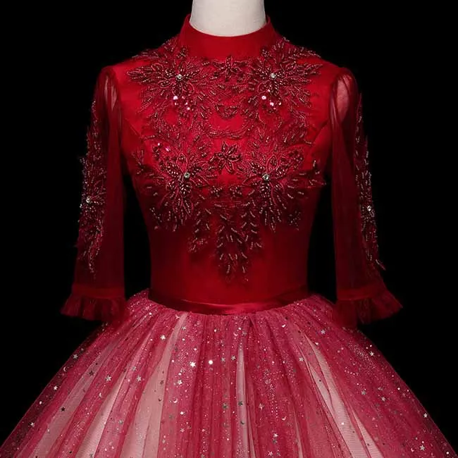 Fall/Winter Wedding Prom Red Gradient Long-sleeve Ball Gown Dress