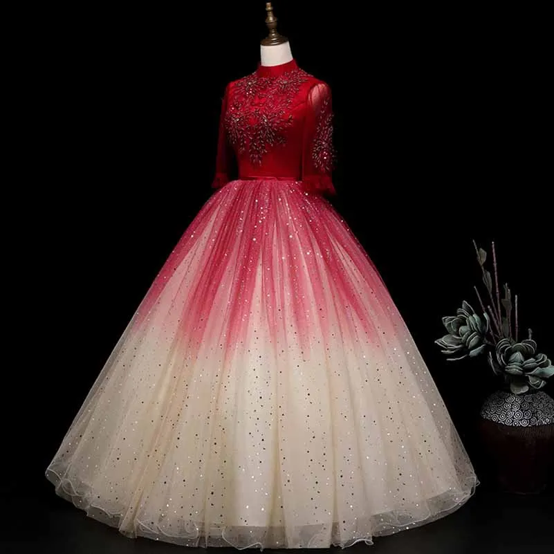 Fall/Winter Wedding Prom Red Gradient Long-sleeve Ball Gown Dress