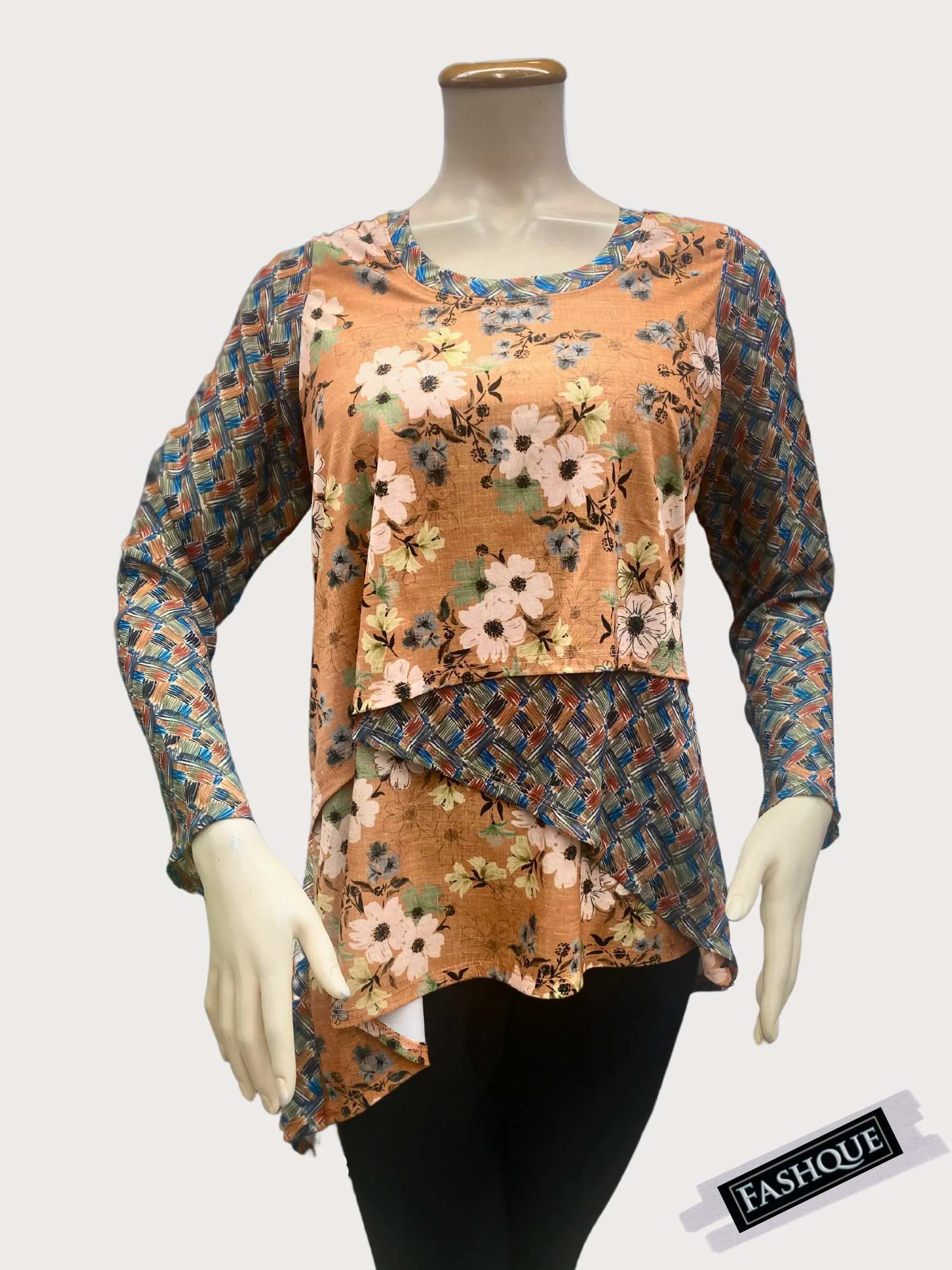 FASHQUE - Asymmetrical Round-Neck Multi-Media full sleeves Top - T2378