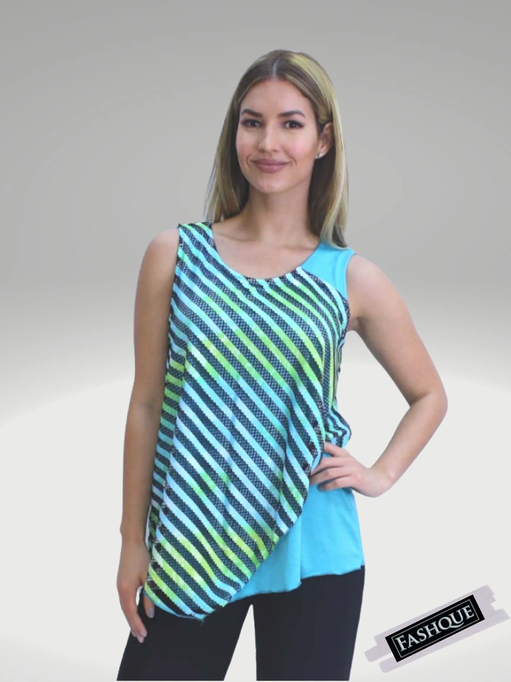 FASHQUE - Asymmetrical Round-Neck Multi-Media Sleeveless Top - T540