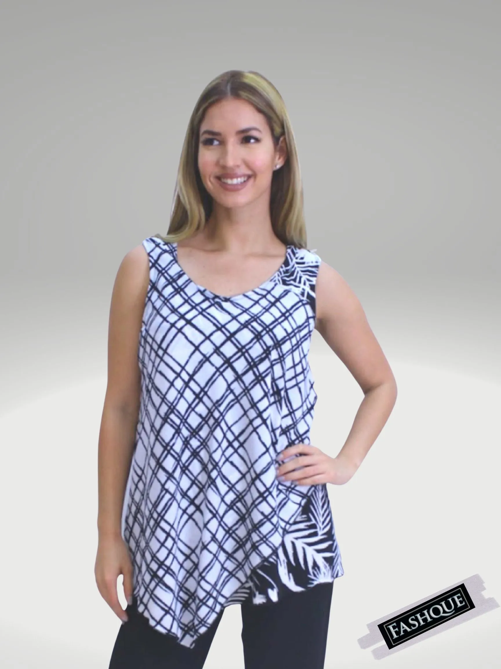 FASHQUE - Asymmetrical Round-Neck Multi-Media Sleeveless Top - T540