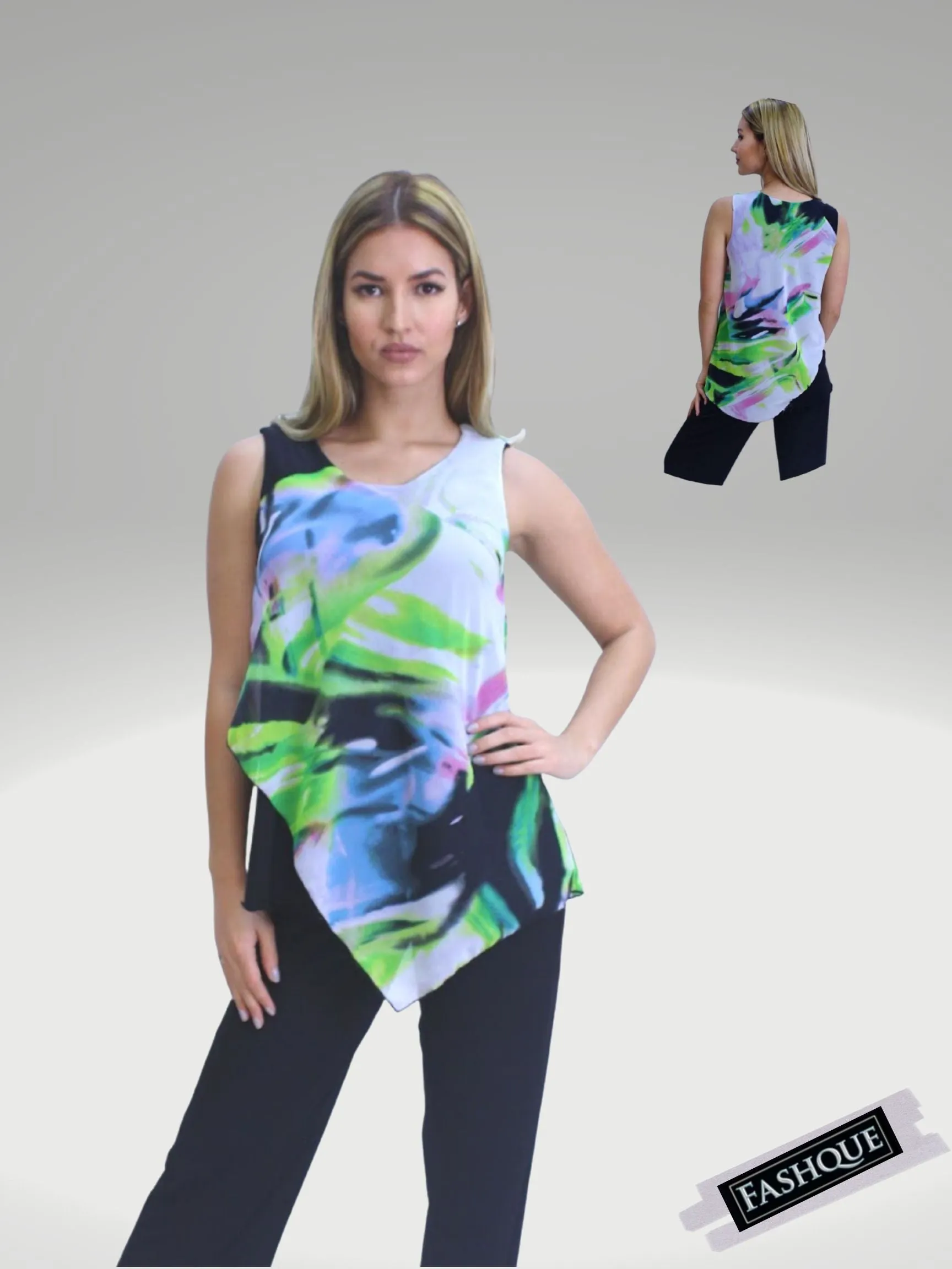 FASHQUE - Asymmetrical Round-Neck Multi-Media Sleeveless Top - T540