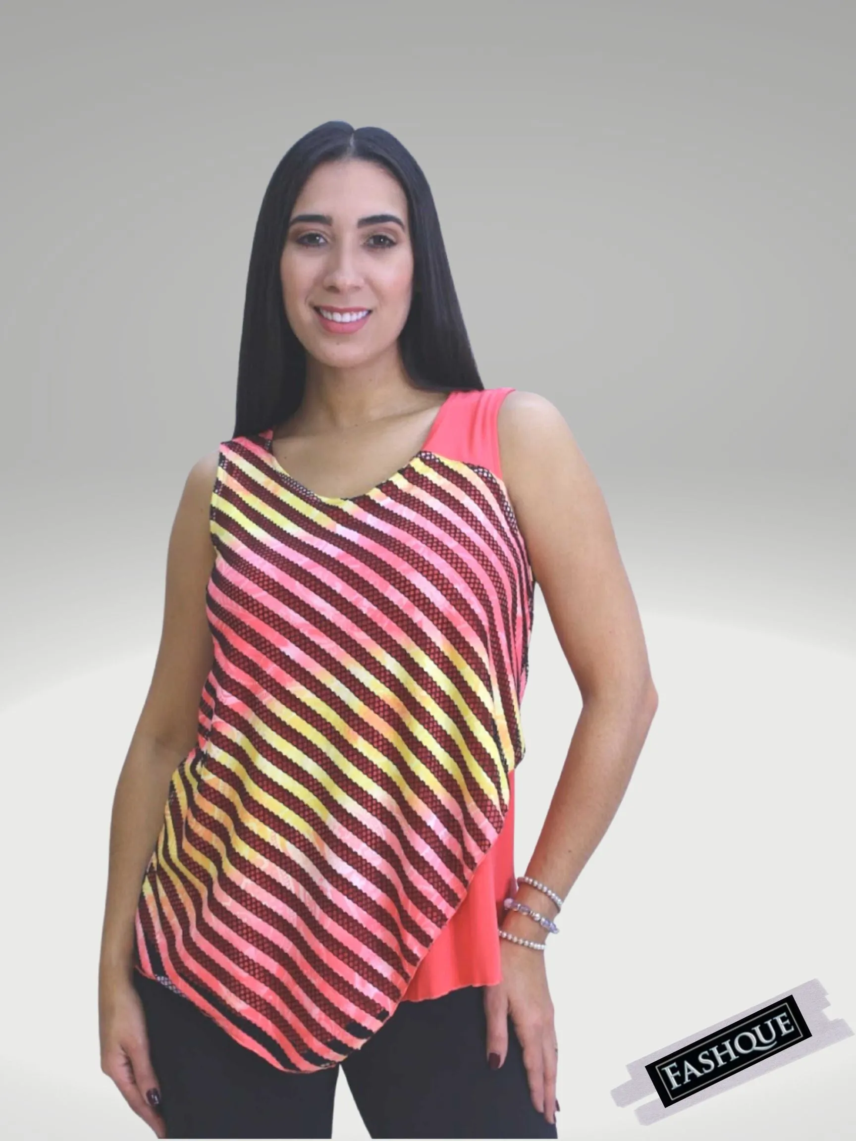 FASHQUE - Asymmetrical Round-Neck Multi-Media Sleeveless Top - T540