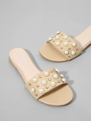 Faux Pearl & Studded Flat Slides